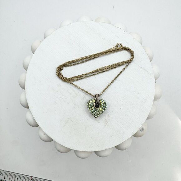 Vintage Gold Filled Pave Aurora Borealis Rhinestone Puffy Heart Pendant Necklace - Picture 5 of 12